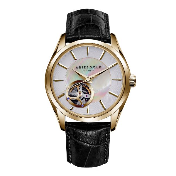 ARIES GOLD AUTOMATIC INFINUM GOLD BLACK LEATHER STRAP L 9023 G-W STAINLESS STEEL WOMEN'S WATCH